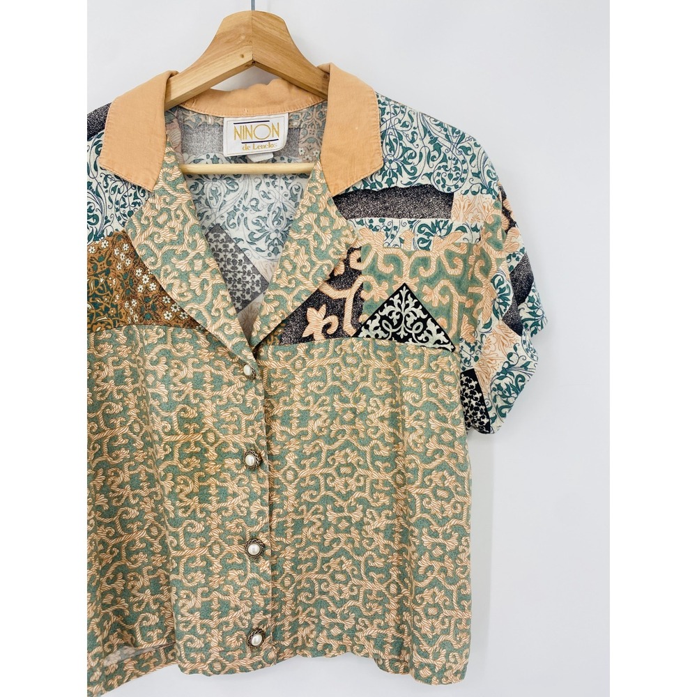 Vintage Button Down Top Women Large Multicolor Patchwork Print Short Slv
